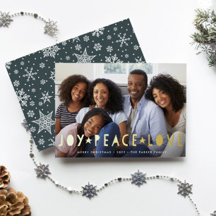 Joy Peace Love   Horizontal Photo Foil Holiday Card
