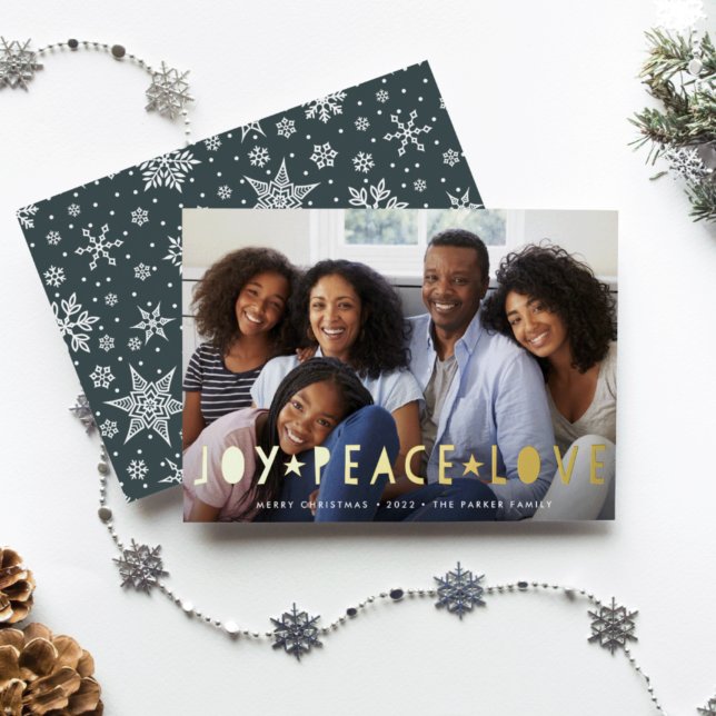 Joy Peace Love | Horizontal Photo Foil Holiday Card (Creator Uploaded)
