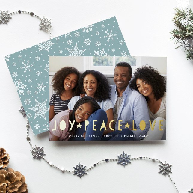 Joy Peace Love | Horizontal Photo Foil Holiday Card