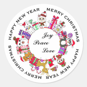 Joy, Peace, Love Little Christmas Animals Classic Round Sticker