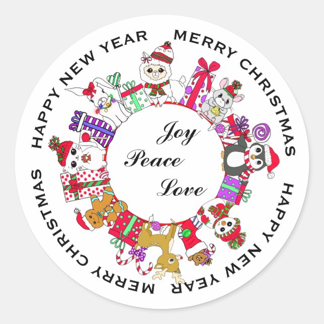 Joy, Peace, Love Little Christmas Animals Classic Round Sticker (Front)