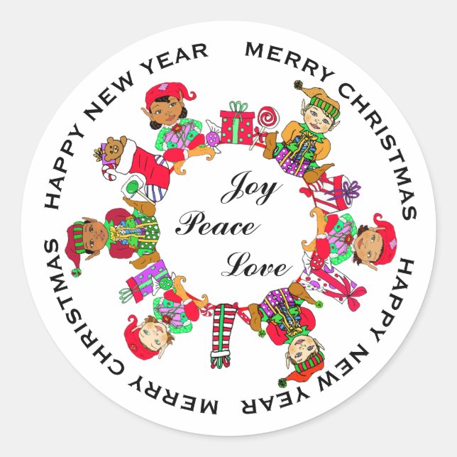 Joy, Peace, Love Little Whimsical Elves Classic Round Sticker (Front)