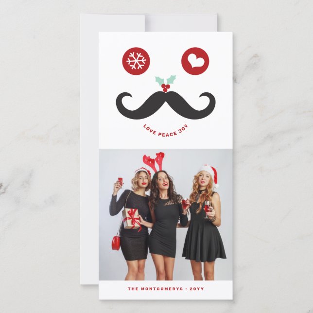 Joy Peace Love Moustache Smiling Face Funny Photo Holiday Card (Front)