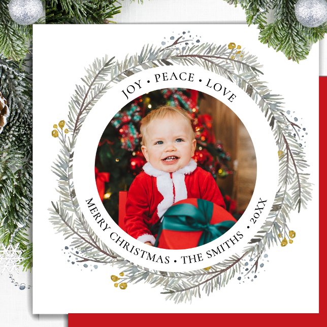 JOY PEACE LOVE Red Gold Berry Pine Bough Wreath Holiday Card (Creator Uploaded)