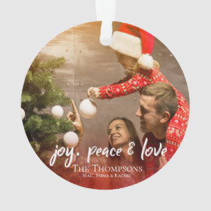 Joy Peace Love Red Plaid Photo Christmas Tree Ornament