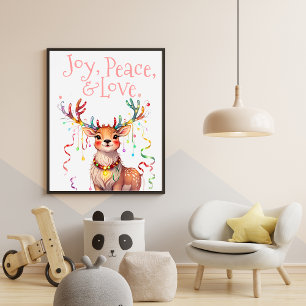 Joy Peace Love Reindeer Holiday Festive Lights Poster