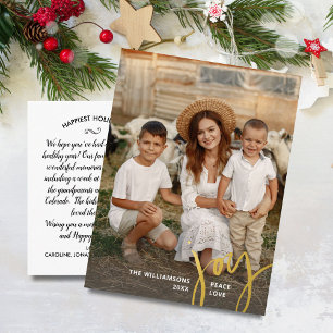 Joy Peace Love Vertical Christmas Photo Gold Foil Holiday Postcard