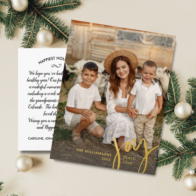 Joy Peace Love Vertical Christmas Photo Gold Foil Holiday Postcard (Creator Uploaded)