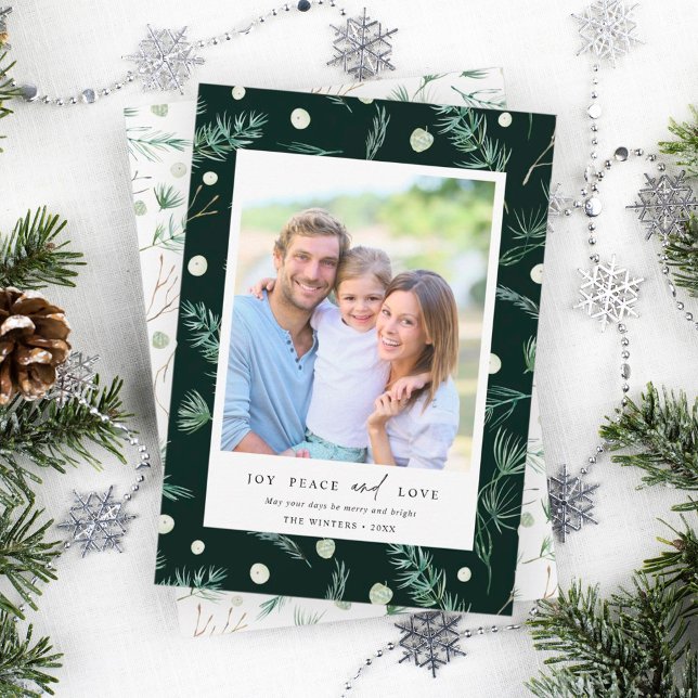 Joy Peace Love Watercolor Winter Greenery Photo Holiday Card (Creator Uploaded)