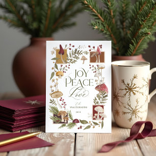 Joy Peace Love Watercolor Woodsy Mushrooms Photo Holiday Card