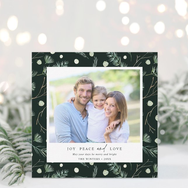 Joy Peace Love Winter Greenery Photo Square Holiday Card (Creator Uploaded)
