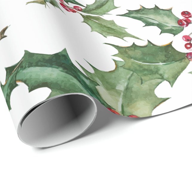 Joy  Peace  Watercolor Holly and Berries Wrapping Paper (Roll Corner)