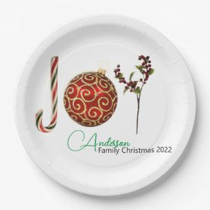 Joy personalised candy cane ornament holly latte paper plate
