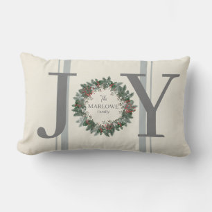 Joy Personalised Christmas Wreath Holiday Lumbar Cushion