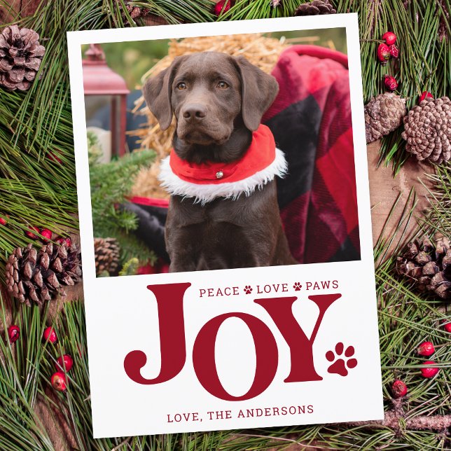 JOY Personalised Pet Photo Red Paw Print Dog Holiday Card (Creator Uploaded)