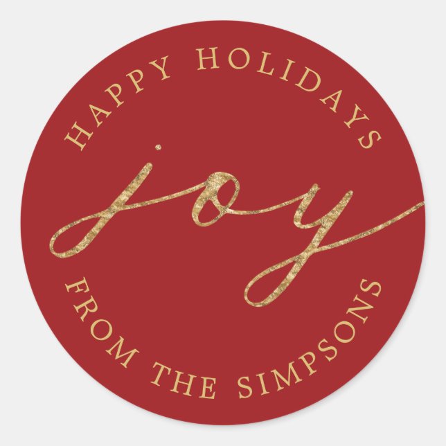 Joy Personalised Red Holiday Classic Round Sticker (Front)