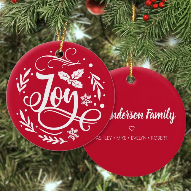Joy Personalized Family Name Christmas Holiday Ceramic Ornament (Creator Uploaded)