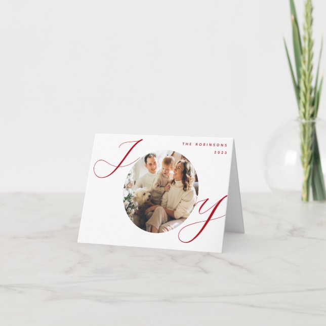 Joy Photo Christmas Red Script Christmas Holiday Card (Front)