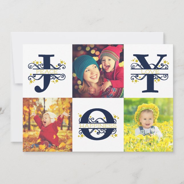 Joy Photo Collage White and Blue Christmas Holiday Card (Front)