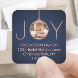 JOY Photo Navy Blue Christmas Return Address Label<br><div class="desc">Celebrate the simple joys of the season with these custom photo navy blue and faux copper square return address labels / envelope seals. Text on this template is easy to customise. (IMAGE PLACEMENT TIP: One way to centre a photo exactly how you want is to crop it before uploading to...</div>
