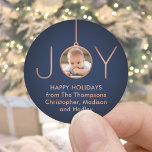 JOY Photo Navy Blue Copper Elegant Modern Holiday Classic Round Sticker<br><div class="desc">Celebrate the simple joys of the season with these large custom photo navy blue and faux copper round stickers / envelope seals. Text on this template is easy to customise to include any wording, such as Merry Christmas, Happy Holidays, Seasons Greetings, New Year Cheers etc. (IMAGE PLACEMENT TIP: One way...</div>