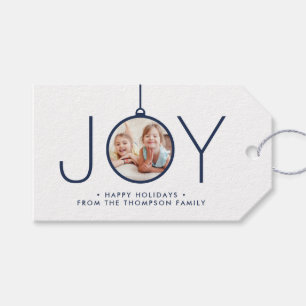 JOY Photo Navy Blue White Modern Minimal Christmas Gift Tags
