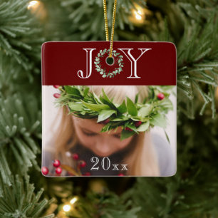 Joy Photo Personalised Red Holiday Christmas Ceramic Ornament