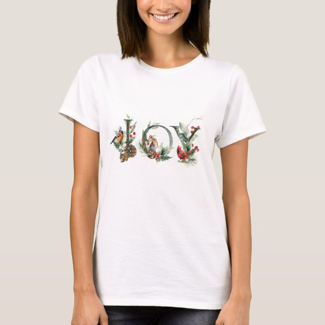 JOY Pine Cone Red Berry Birds Christmas Holiday T-Shirt (Front)