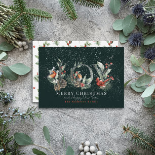 JOY Pine Cone Red Berry Birds Green Christmas Holiday Card