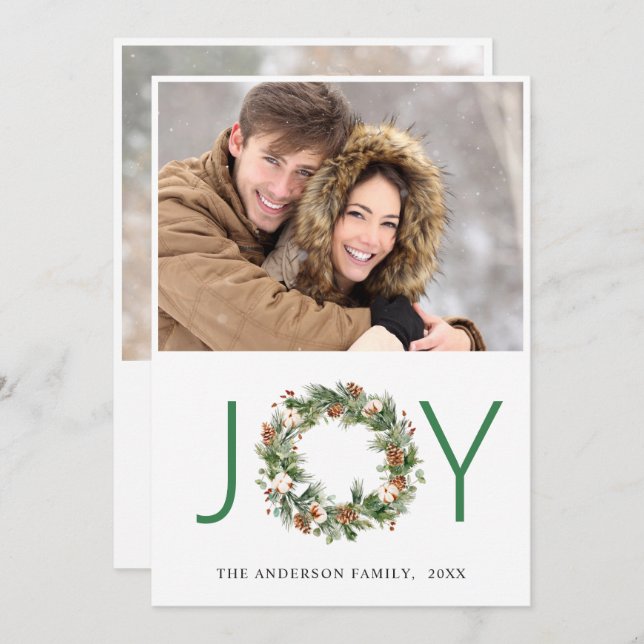 JOY Pine Cones Fir Wreath Christmas 2 PHOTO Holiday Card (Front/Back)