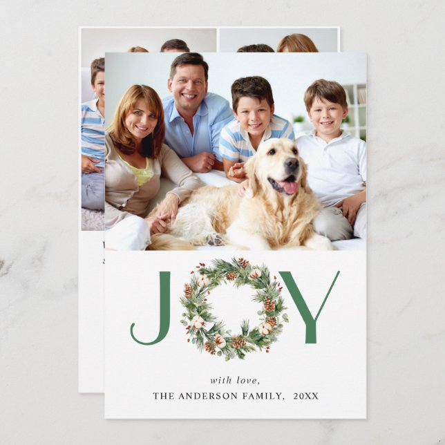 JOY Pine Cones Fir Wreath Christmas 4 PHOTO Holiday Card (Front/Back)