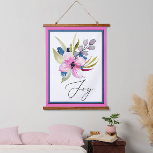 Joy pink and blue watercolor floral  hanging tapestry