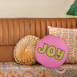 Joy Pink and Lime Green Retro Christmas Round Cushion