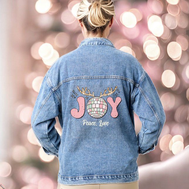 Joy Pink Christmas Disco Ball Text Denim Jacket (Joy Pink Christmas Disco Ball Text Denim Jacket)