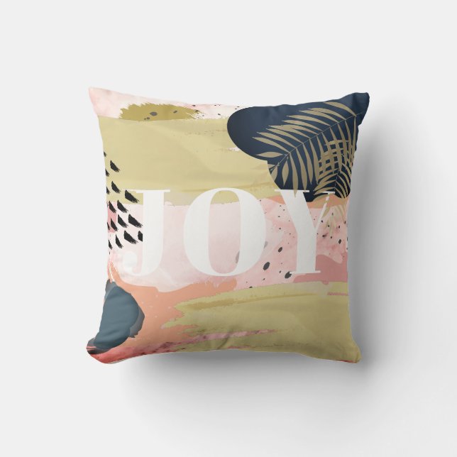 JOY Pink & Gold Abstract Pattern Throw Pillow (Front)