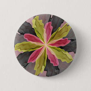 Joy, Pink Green Anthracite Fantasy Flower Fractal 6 Cm Round Badge