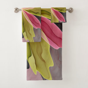 Joy, Pink Green Anthracite Fantasy Flower Fractal Bath Towel Set