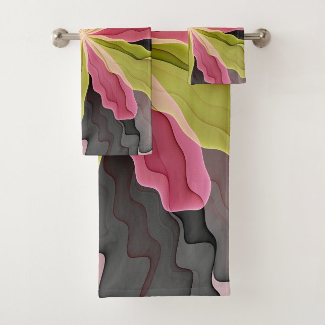 Joy, Pink Green Anthracite Fantasy Flower Fractal Bath Towel Set (Insitu)