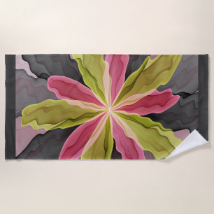Joy, Pink Green Anthracite Fantasy Flower Fractal Beach Towel