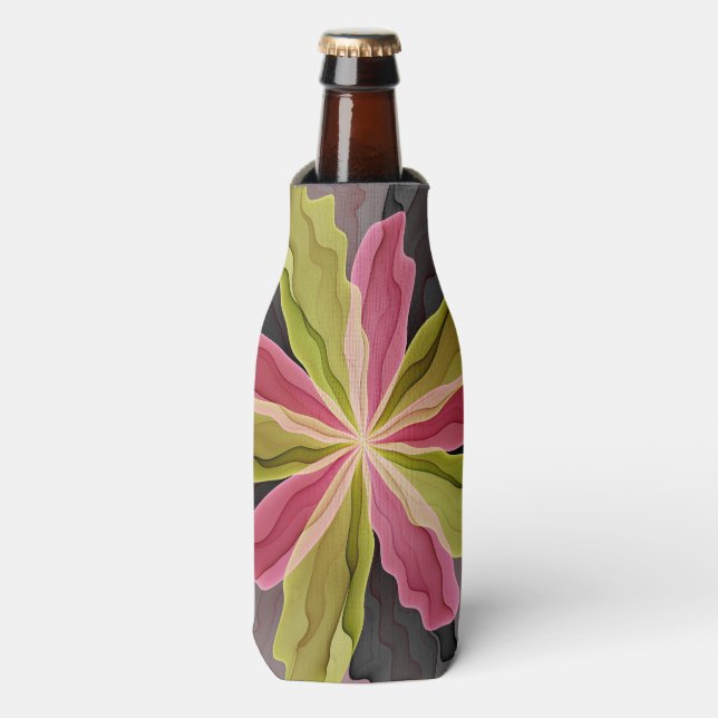 Joy, Pink Green Anthracite Fantasy Flower Fractal Bottle Cooler (Bottle Front)