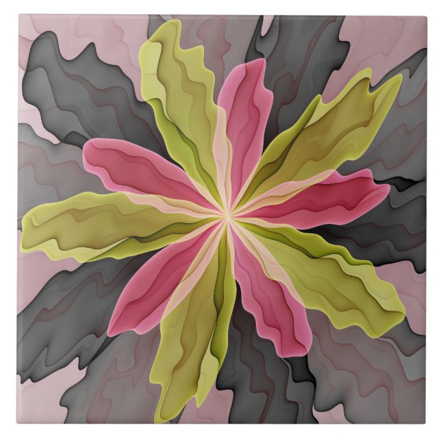 Joy, Pink Green Anthracite Fantasy Flower Fractal Ceramic Tile (Front)