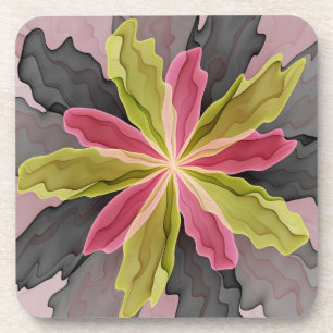 Joy, Pink Green Anthracite Fantasy Flower Fractal Coaster