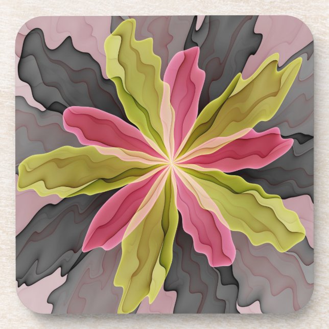 Joy, Pink Green Anthracite Fantasy Flower Fractal Coaster (Front)