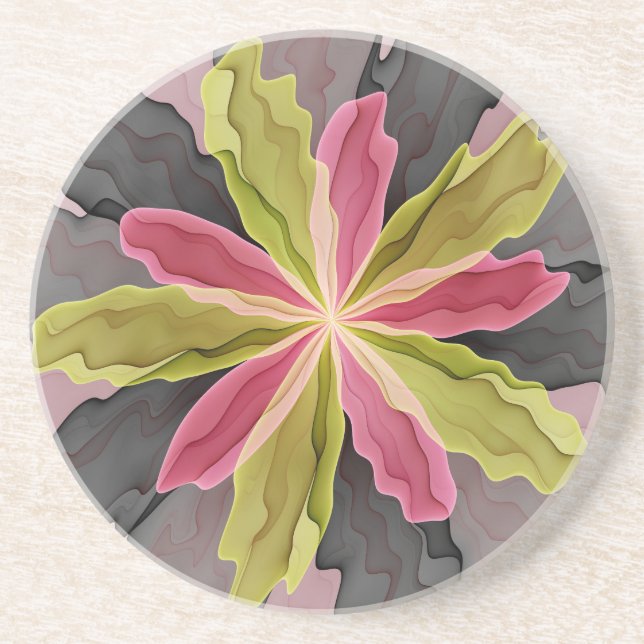 Joy, Pink Green Anthracite Fantasy Flower Fractal Coaster (Front)