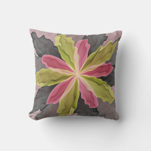 Joy, Pink Green Anthracite Fantasy Flower Fractal Cushion