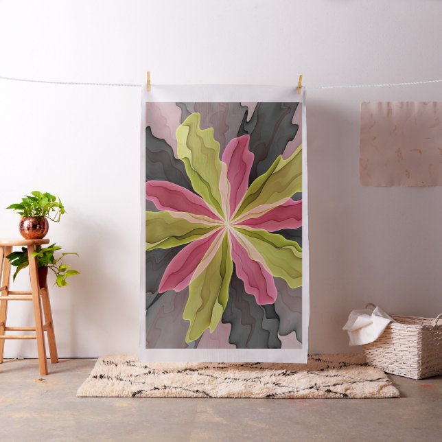 Joy, Pink Green Anthracite Fantasy Flower Fractal Fabric (In Situ)