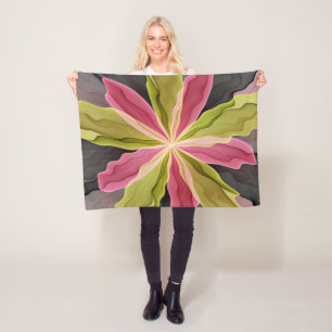 Joy, Pink Green Anthracite Fantasy Flower Fractal Fleece Blanket