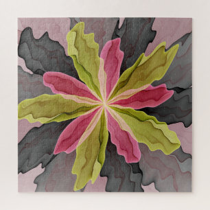 Joy, Pink Green Anthracite Fantasy Flower Fractal Jigsaw Puzzle