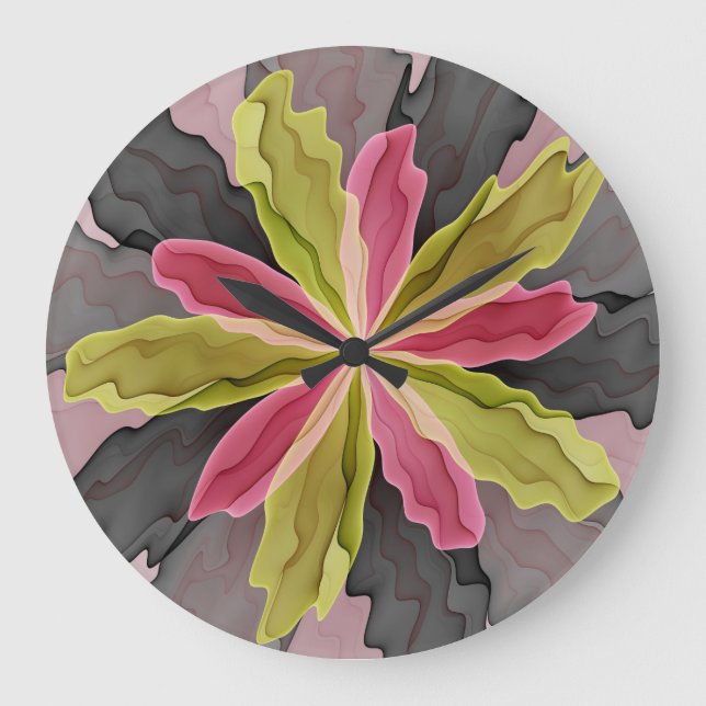 Joy, Pink Green Anthracite Fantasy Flower Fractal Large Clock (Front)