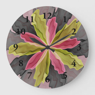 Joy, Pink Green Anthracite Fantasy Flower Fractal Large Clock